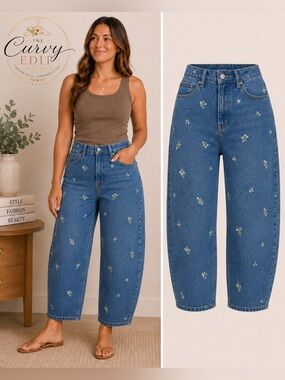 Free Assembly Size 8 Floral Embroidered Barrel Jeans High Rise Blue Denim